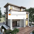 Modern Two Story Detached Villa Exterior With Wooden Deck Courtyard Trees And Lit Windows