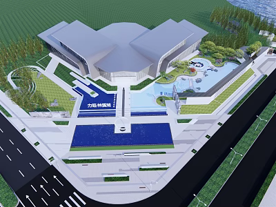 Modern Sales Office Building Featuring Landscape Design Water Pool And Greenery 3d model