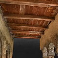 Cartoon Scene of Ancient Stone Arches with Carved Pillars and Wooden Doors in Medieval Courtyard