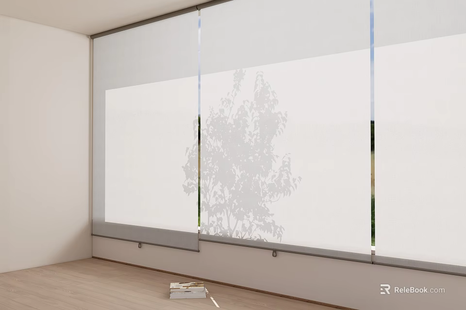 Clean White Roller Blinds In Room With Large Window Tree Shadow And Light Wooden Floor 3d model 