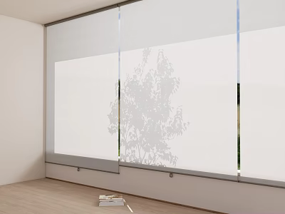 Clean White Roller Blinds In Room With Large Window Tree Shadow And Light Wooden Floor 3d model