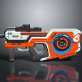 Futuristic Sci Fi Gun With Orange White Blue Tactical Design Aiming Scope And Circular Component