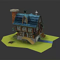 Cute Small Wooden House With Blue Roof Chimney And Green Grass Base