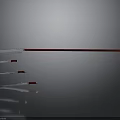 Traditional Long Handled Weapon with Red Shaft and Silver Blade and Smaller Components in Reflections