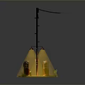 Vintage Gas Pumps With Illuminated Lights Beside Utility Pole On Grass Base