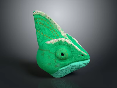 Detailed Green Chameleon Head Sculpture With Textured Skin And Horned Crest 3d model