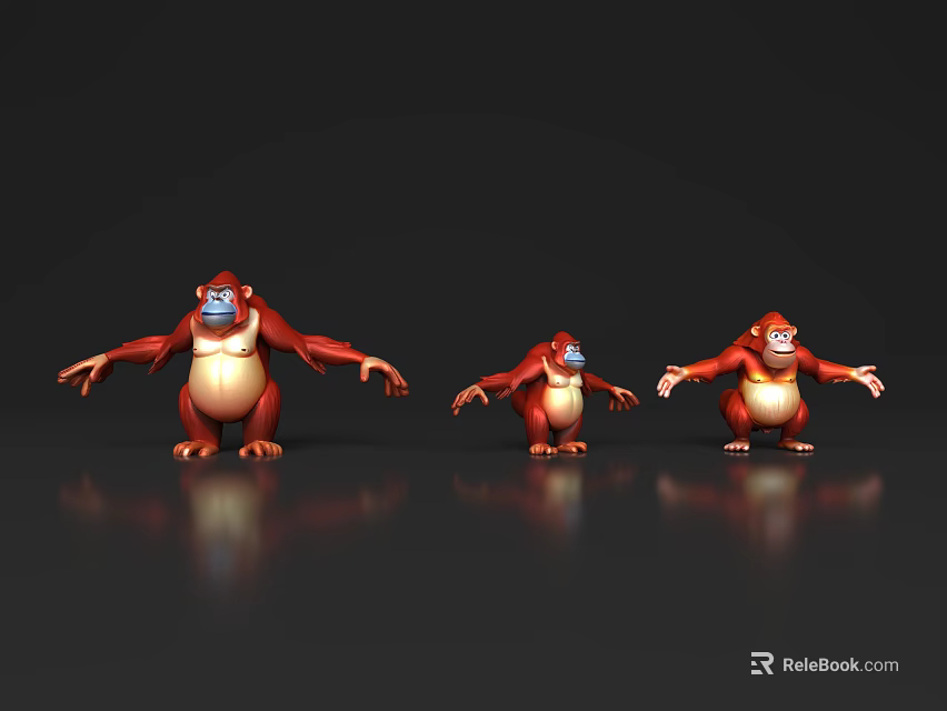 Three Red Reptile Models In Different Poses On Black Reflective Surface 3d model