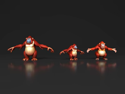 Three Red Reptile Models In Different Poses On Black Reflective Surface 3d model