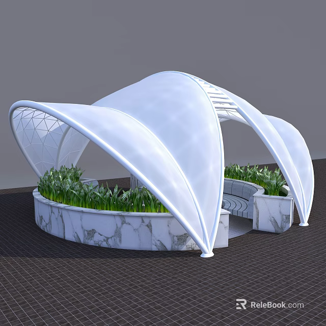 White Curved Pergola Design With Marble Base Green Plants And Seating Area 3d model 