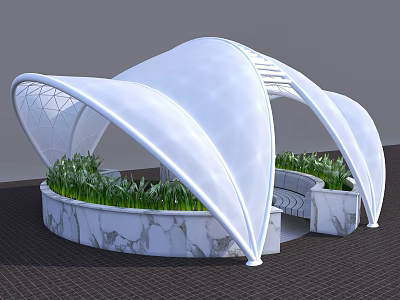 White Curved Pergola Design With Marble Base Green Plants And Seating Area 3d model