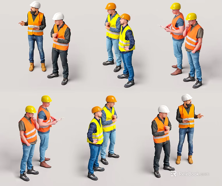 Multiple Construction Workers in Safety Vests and Hard Hats Collaborating at Work Site 3d model 
