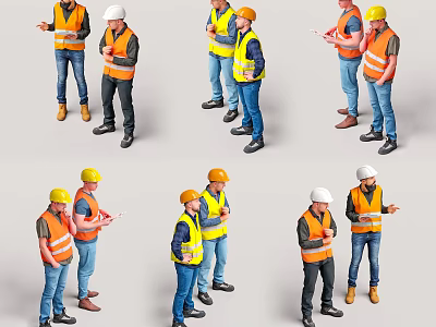 Multiple Construction Workers in Safety Vests and Hard Hats Collaborating at Work Site 3d model