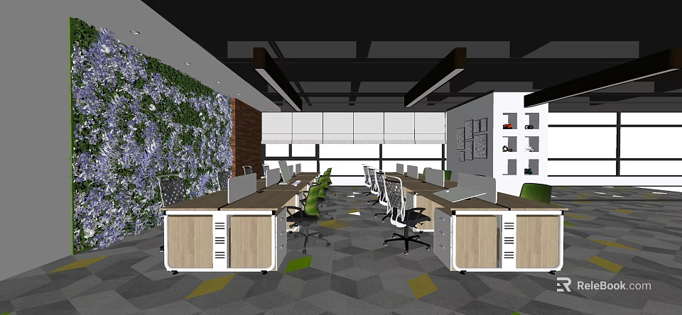 Modern Public Office Space With Living Plant Wall Work Desks And Bookshelves 3d model 