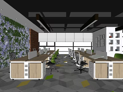 Modern Public Office Space With Living Plant Wall Work Desks And Bookshelves 3d model
