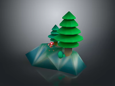 Two Low Poly Green Pine Trees With Red Mushroom On Blue Rock Base 3d model