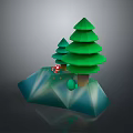 Two Low Poly Green Pine Trees With Red Mushroom On Blue Rock Base