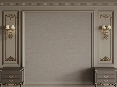 Elegant Gray Bedroom Accent Wall With Golden Accents Wall Sconces Fabric Texture And Drawer Cabinets 3d model