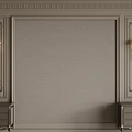 Elegant Gray Bedroom Accent Wall With Golden Accents Wall Sconces Fabric Texture And Drawer Cabinets