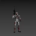 Sci Fi Game Movie Character In Red White Armor With Blue Eye And Shoulder Cannon