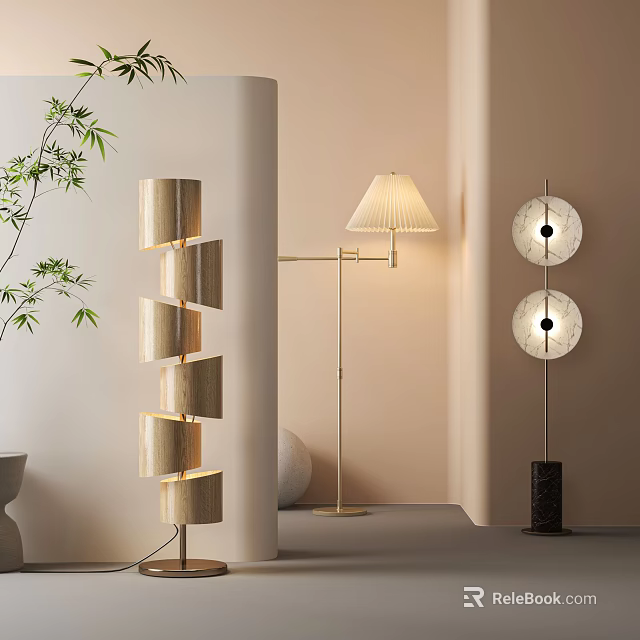 Modern Elegant Floor Lamps Featuring Multiple Tier Structure Fabric Shade And Round Panels 3d model 