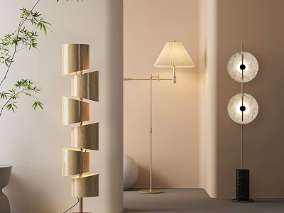 Modern Elegant Floor Lamps Featuring Multiple Tier Structure Fabric Shade And Round Panels 3d model