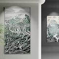 Abstract Paintings With Green White Wave Patterns And Mountain Elements In Interior Decor 3d model