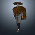 A Man With Large Straw Hat Brown Furry Shawl Gray Clothing And Two Different Angles
