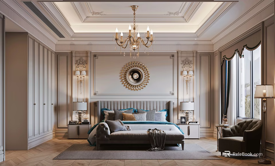Elegant Classic Bedroom Interior With Chandelier Round Mirror And Comfortable Bed 3d model 