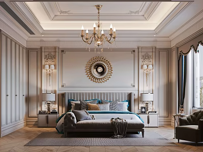 Elegant Classic Bedroom Interior With Chandelier Round Mirror And Comfortable Bed 3d model