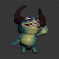 Cute 3D Cartoon Creature With Big Horns Blue Yellow Body Smiling Waving Hand