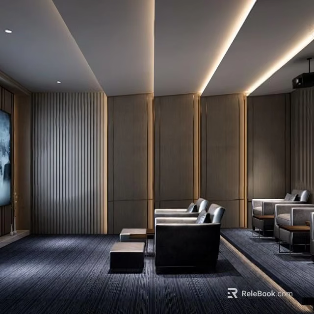 Modern Home Theater Interior Design With Leather Sofas Striped Walls And Ambient Lighting 3d model 