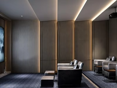 Modern Home Theater Interior Design With Leather Sofas Striped Walls And Ambient Lighting 3d model