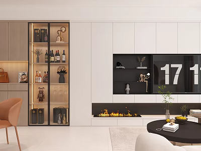 Modern Living Dining Area With White Cabinets Fireplace TV And Display Shelves 3d model