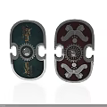 Decorative Shields with Green And Dark Red Backgrounds Featuring Figures Eagle Motifs And Gears