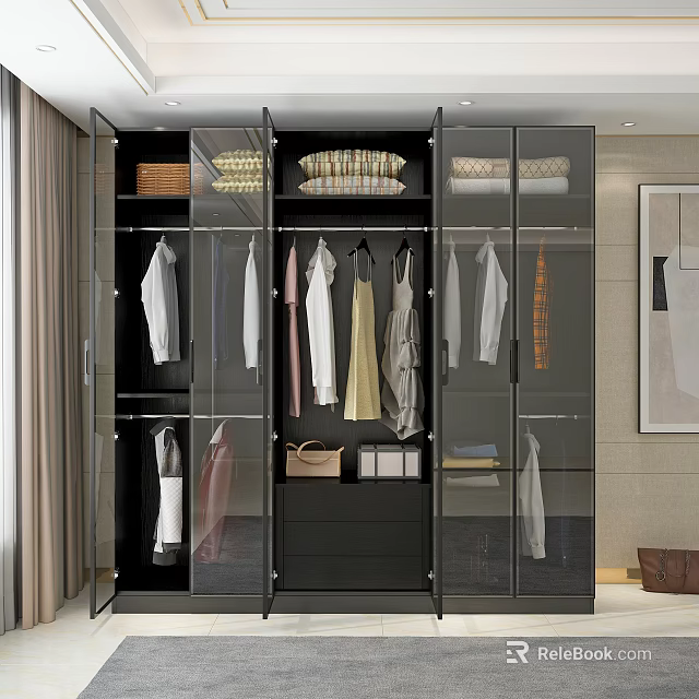 Modern Wardrobe Interior Design With Glass Doors Hanging Clothes Folded Items And Storage Baskets 3d model 