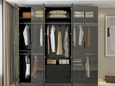 Modern Wardrobe Interior Design With Glass Doors Hanging Clothes Folded Items And Storage Baskets 3d model