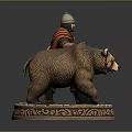 Helmeted Armored Man With Red Cape Riding Brown Bear On Ornate Base Statue