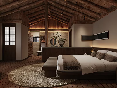 Hotel Guest Room With Wooden Ceiling Flooring Large Bed Round Woven Rug And Decorative Painting 3d model