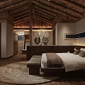 Hotel Guest Room With Wooden Ceiling Flooring Large Bed Round Woven Rug And Decorative Painting