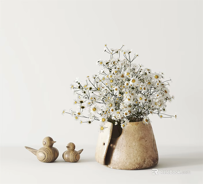 Clay Vase With White Daisies And Small Bird Figurines On White Background 3d model 
