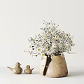 Clay Vase With White Daisies And Small Bird Figurines On White Background