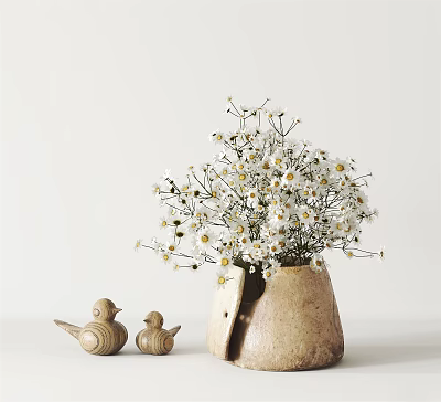 Clay Vase With White Daisies And Small Bird Figurines On White Background 3d model