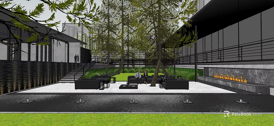 Modern Garden Landscape With Tall Trees Outdoor Seating Green Lawn And Building Surroundings 3d model 