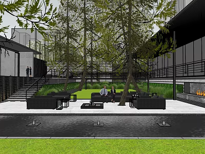 Modern Garden Landscape With Tall Trees Outdoor Seating Green Lawn And Building Surroundings 3d model