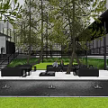 Modern Garden Landscape With Tall Trees Outdoor Seating Green Lawn And Building Surroundings
