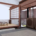 Traditional Japanese Tea Room Interior With Tatami Mats Wooden Table And Floor Cushions