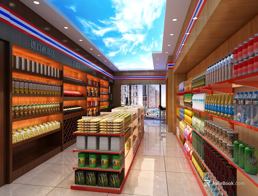 Spacious Supermarket Interior With Shelves Displaying Various Grocery Products And Drinks 3d model 
