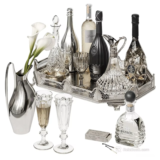 Elegant Wine Bottles And Glasses On Silver Tray With Decorative Vase And Decanters 3d model 