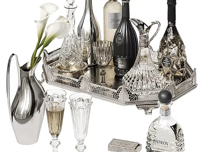 Elegant Wine Bottles And Glasses On Silver Tray With Decorative Vase And Decanters 3d model