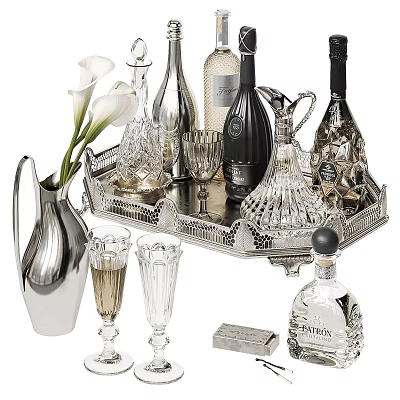 Elegant Wine Bottles And Glasses On Silver Tray With Decorative Vase And Decanters 3d model